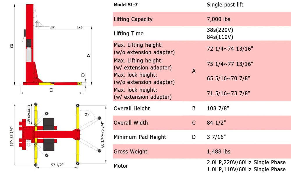 Amgo SL-7, 7000lb Single Post Car Lift