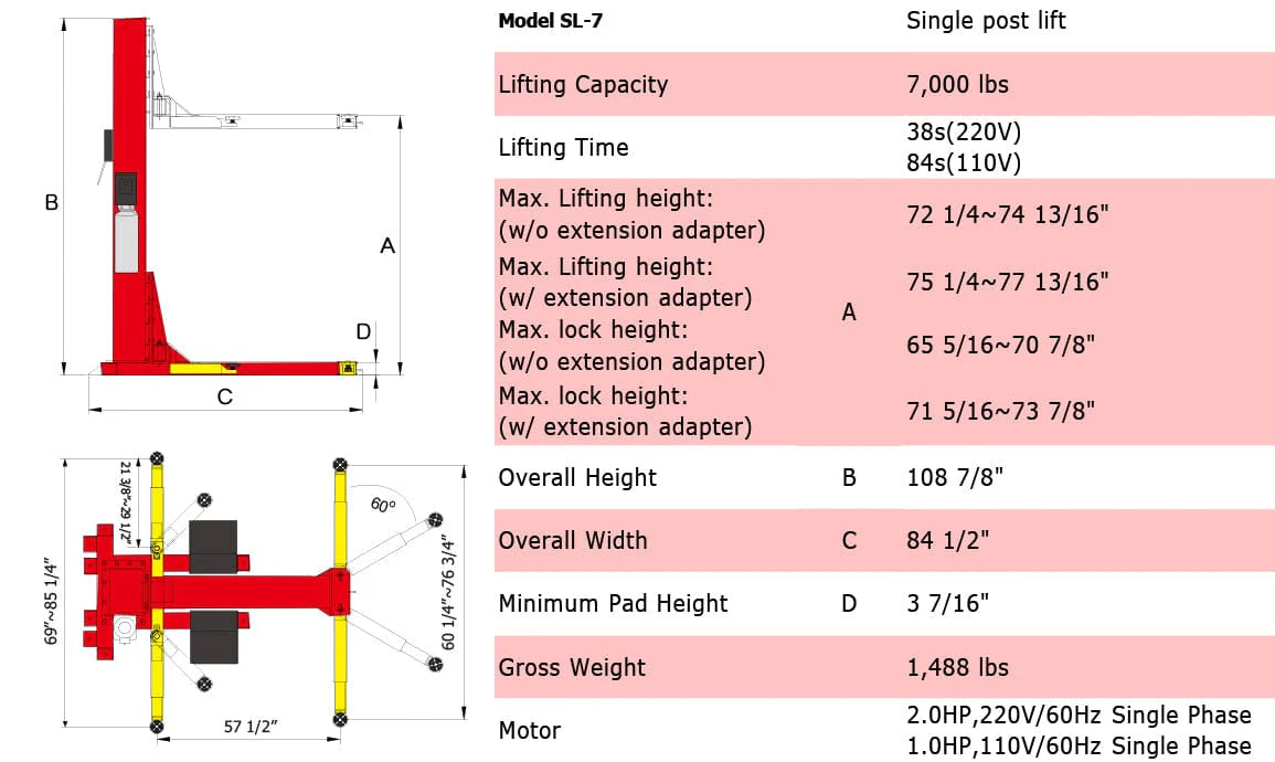 Amgo SL-7, 7000lb Single Post Car Lift