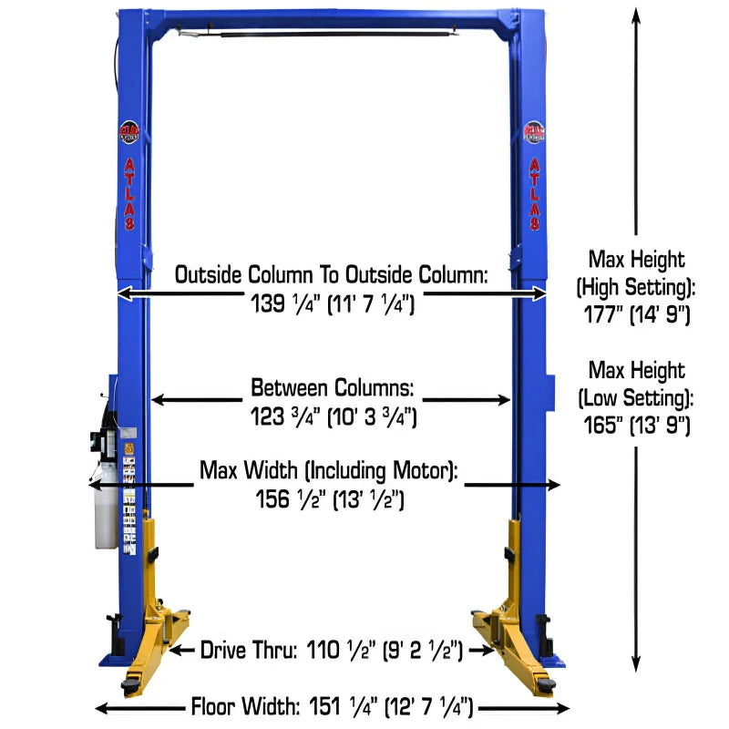 Atlas PVL12 12,000 lb 2-Post Lift – ALI Certified, Extra-Wide & Tall