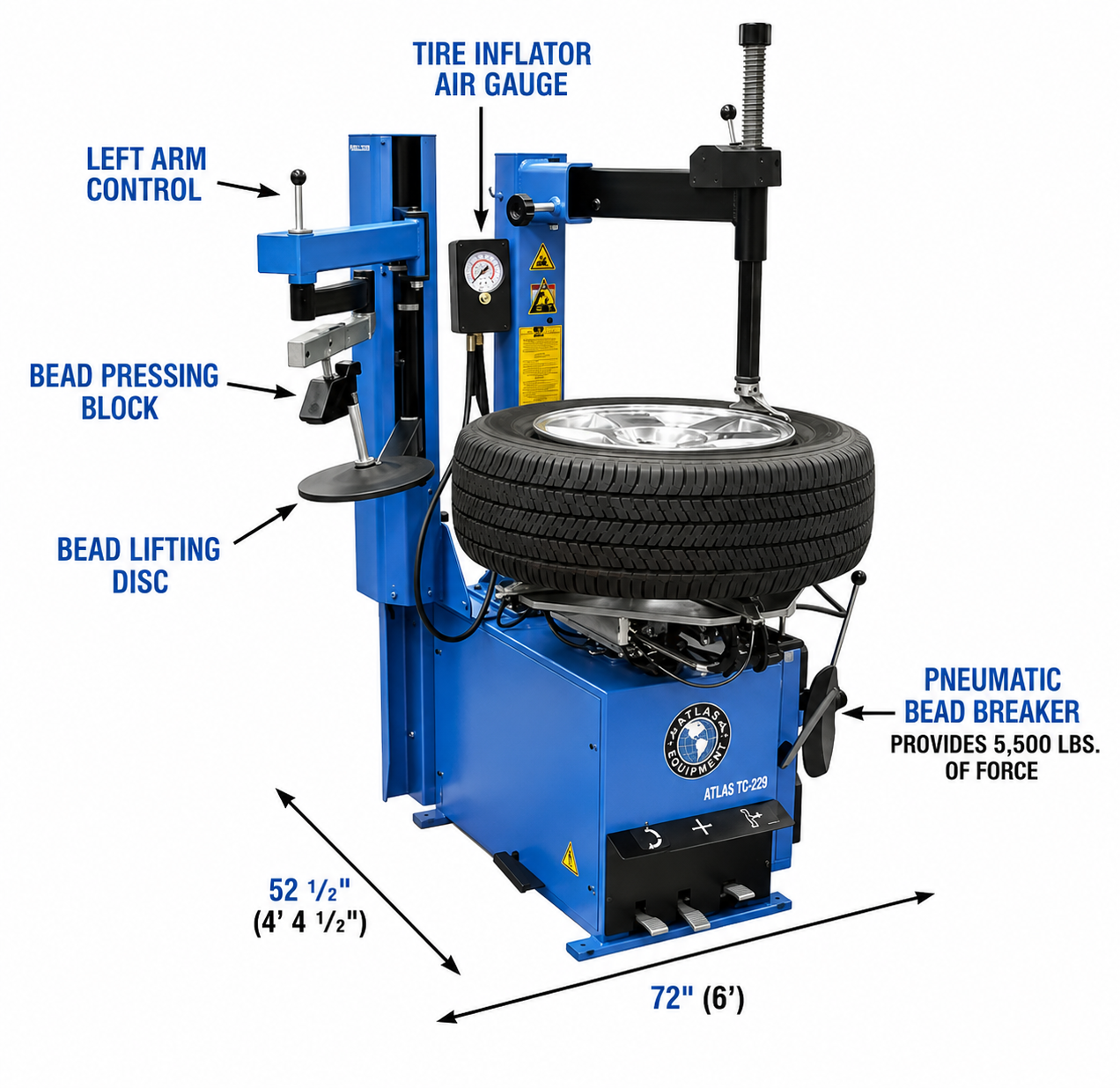 Atlas Automotive Equipment TC229LH Rim-Clamp Tire Changer with Assist Arm