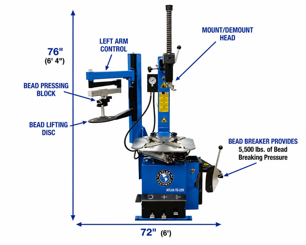 Atlas Automotive Equipment TC229LH Rim-Clamp Tire Changer with Assist Arm
